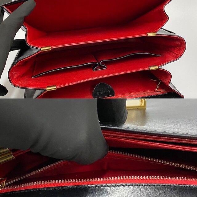 極 美品 セリーヌ ヴィンテージ ロゴ 金具 カーフレザー 本革 トップハンドル ハンドバッグ ミニ トートバッグ ブラック 赤張り 17467