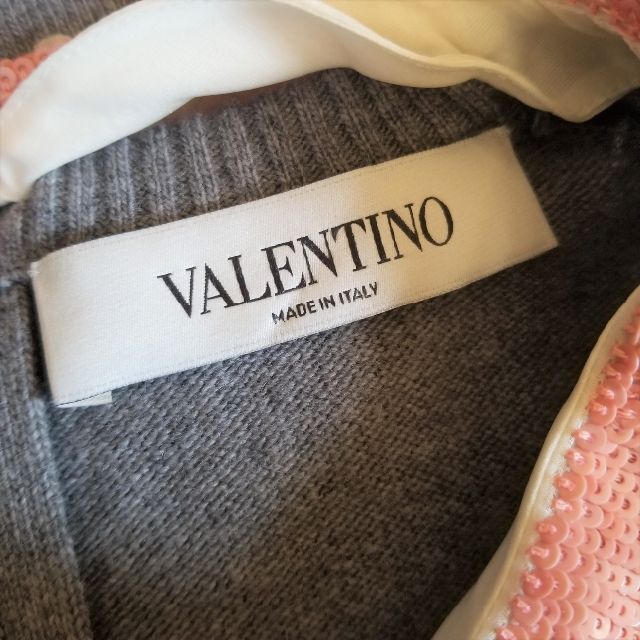 VALENTINO ニット S 付け襟 スパンコール 刺繡 フラワー グレー-