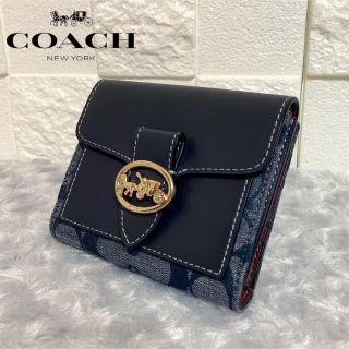 コーチ(COACH)の【超美品】coach 折り財布　シグネチャー　ネイビー　本革　デニム(財布)