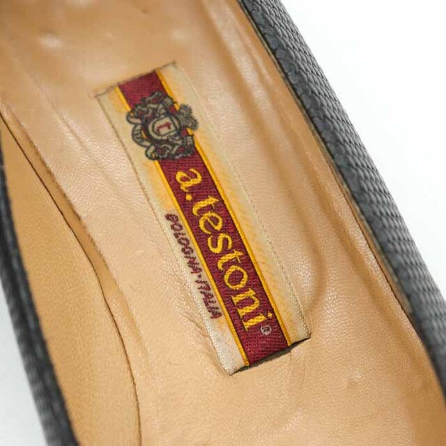 ア・テストーニ パンプス リボン ロゴ金具 オールレザー エナメル イタリア製 ブランド 靴 レディース 35サイズ ブラック a.testoni