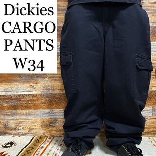 ディッキーズ(Dickies)のディッキーズカーゴパンツw34ワークパンツ黒ブラック古着極太メンズオーバーサイズ(ワークパンツ/カーゴパンツ)