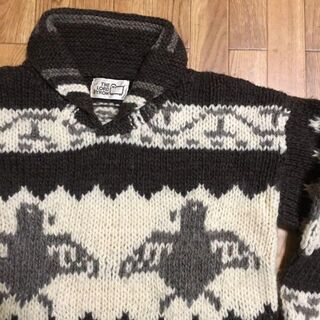 80〜90s 韓国製 カウチン ニットセーター 濃い茶色 白 サイズ不明 実寸S(ニット/セーター)
