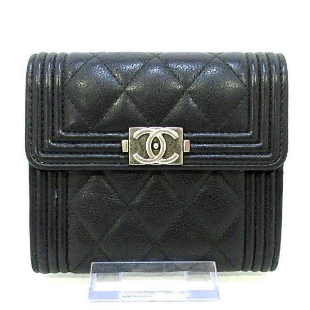 カード入れ⇒6箇所CHANEL(シャネル) 3つ折り財布 黒 レザー