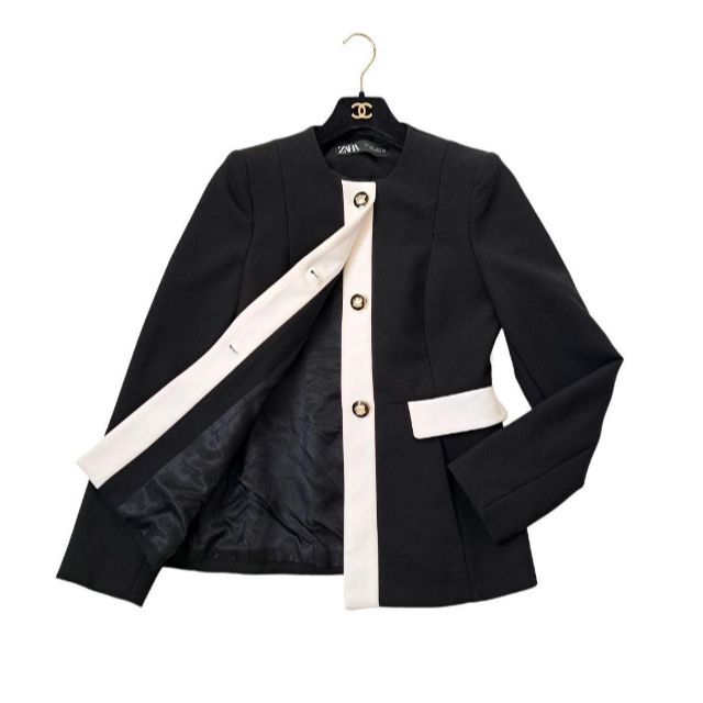 ZARA - ZARA ザラ コントラストテーラードブレザー ノーカラージャケット バイカラーの通販 by ame.closet|ザラならラクマ