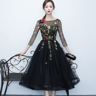 新品‼️即納‼️送料無料‼️ 韓国 結婚式 ドレス 花柄 ブラック(ミディアムドレス)