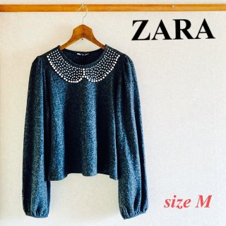 ザラ(ZARA)の【新品】ZARA ビジュー丸襟トップス　プルオーバー (カットソー(長袖/七分))