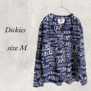 ディッキーズ(Dickies)のDickies ネイビー　ノーカラー　ロゴ柄シャツ　レーヨン100%size M(シャツ/ブラウス(長袖/七分))