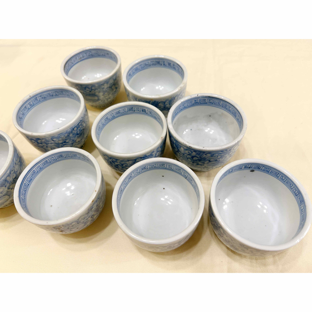 江戸時代 古伊万里線描 唐花紋 染付小向付 湯呑9客 年代物