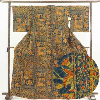 小紋 身丈168cm 裄66cm 前幅26cm 後幅31cm 袖丈48cm 正絹(シルク) レディース 袷仕立 秋冬春用 紺地 裄Mサイズ トールサイズ 美品 リサイクル リユース