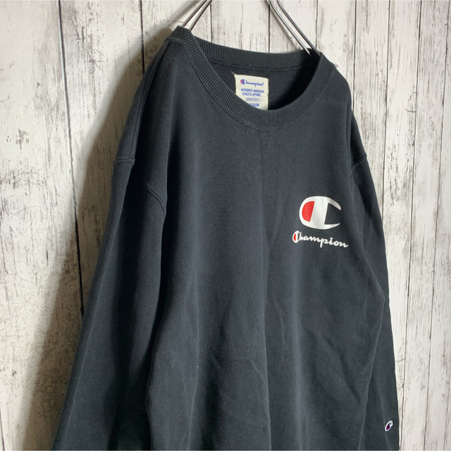 Champion(チャンピオン)の【王道】古着 90's メンズ スウェット トレーナー 黒 希少 刺繍 二段ロゴ メンズのトップス(スウェット)の商品写真