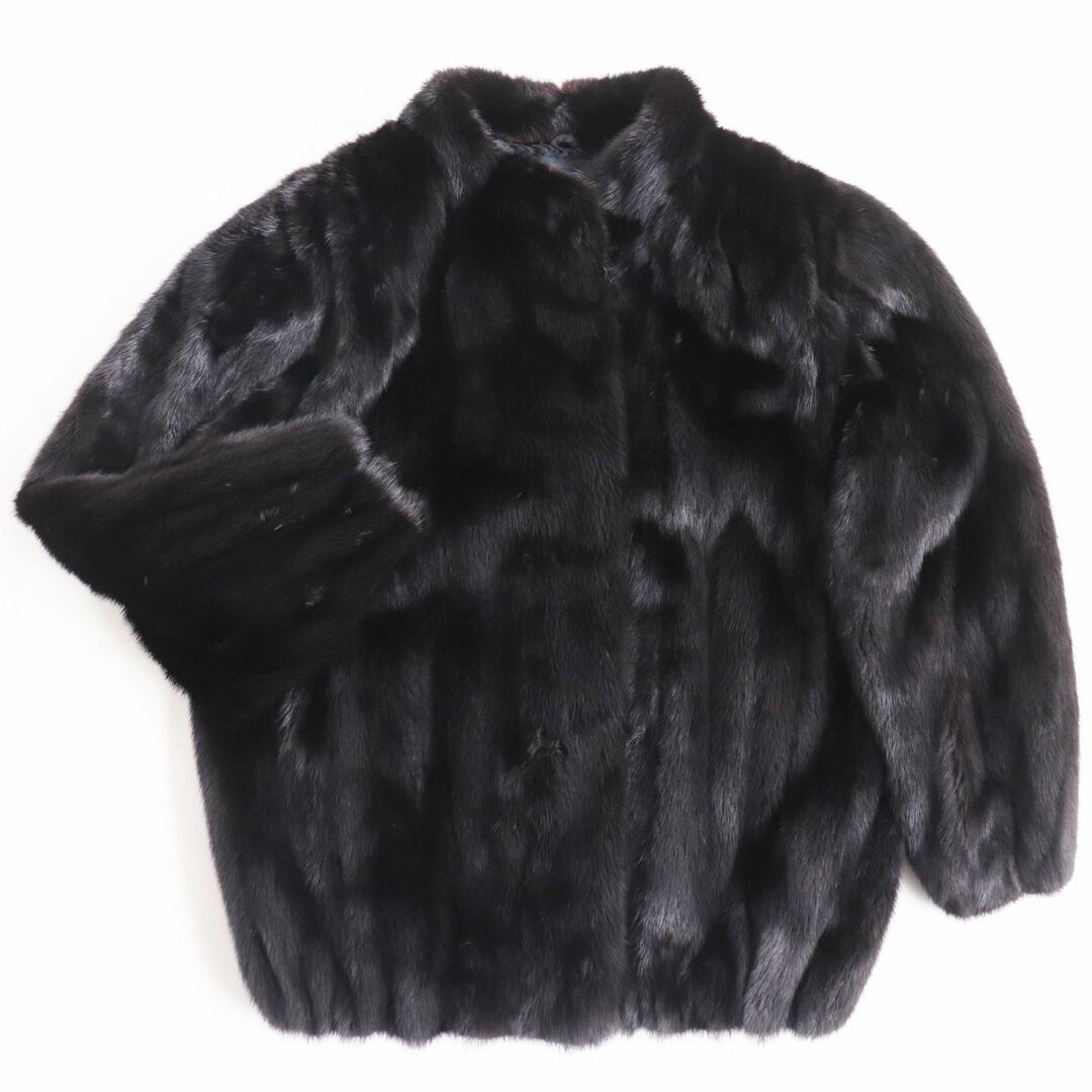 極美品●SAGA MINK サガミンク 裏地花柄刺繍 本毛皮ブルゾン ジャケット ブラック（ダークブラウンに近い） 11号 毛質艶やか・柔らか◎