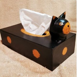 ネコ ティッシュケース 木製 ティッシュボックス 新品 黒猫 未使用 木彫りネコ(ティッシュボックス)