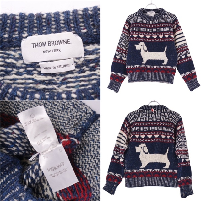 THOM BROWNE(トムブラウン)の美品 トムブラウン THOM BROWNE ニット セーター プルオーバー 総柄 ウール モヘア トップス メンズ 1(S相当) ネイビー/レッド/ホワイト メンズのトップス(ニット/セーター)の商品写真