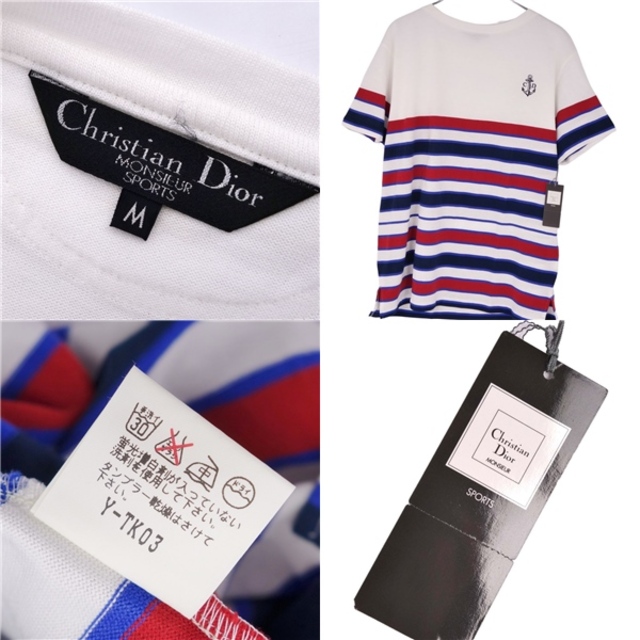 極美品 Vintage クリスチャンディオール Christian Dior Monsieur Tシャツ カットソー ショートスリーブ ボーダー  コットン トップス メンズ M ホワイト/ネイビー/レッド