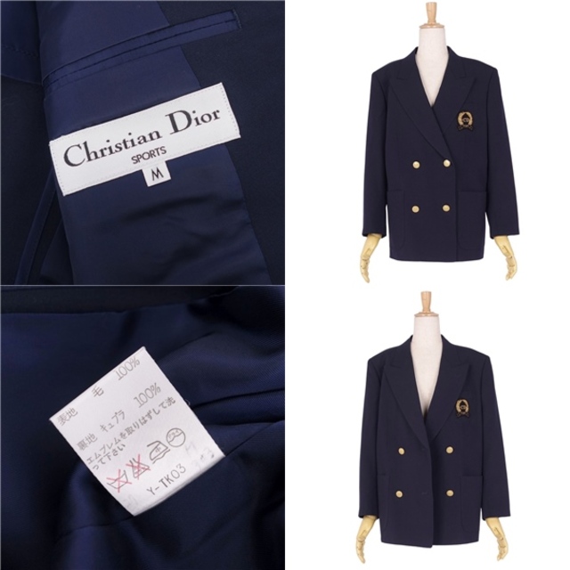 美品 Vintage クリスチャンディオール Christian Dior ジャケット ブレザー ウール ロゴ エンブレム ワッペン アウター レディース M ネイビー 9