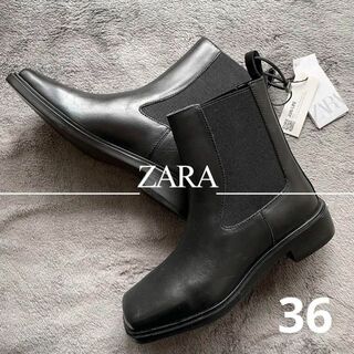 ザラ(ZARA)の【新品】ZARA レザースクエアトゥアンクルブーツ ブラック 3623.5cm (ブーツ)