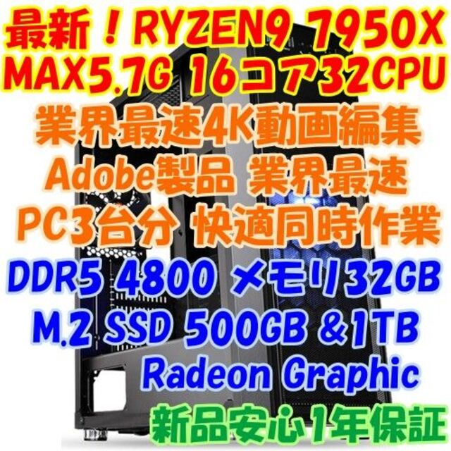 お買い得！RYZEN9 7950X CPUパソコン 3台分のPC性能 最強マルチ