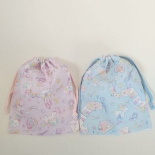 25×20 ２個セット ユニコーン 巾着袋 給食袋 女の子 ハンドメイド 大きめ(外出用品)