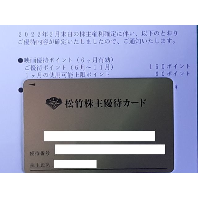 松竹 株主優待カード　160ポイント　返却不要