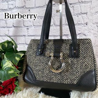 バーバリー(BURBERRY)のバーバリー ヘリンボーン柄 ツィード生地 ハンドバッグ グレー系 フォーマル(ハンドバッグ)