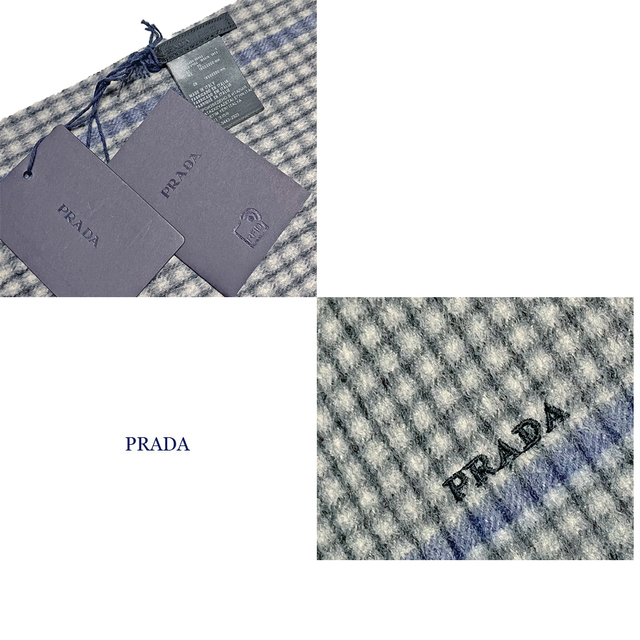 PRADA(プラダ)の新品プラダPRADAメンズ カシミア100％フリンジマフラー グレーチェック柄 メンズのファッション小物(マフラー)の商品写真