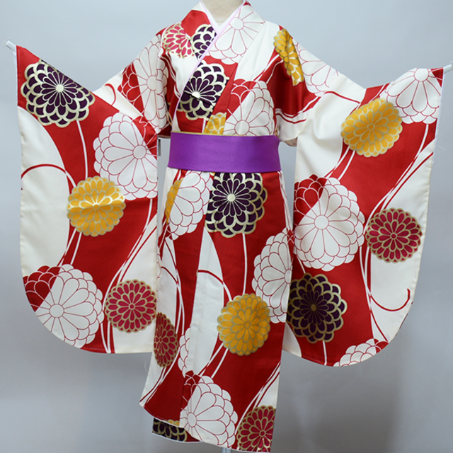 卒業式二尺袖着物 単品 仕立て上がり 豪華絢爛 ショート 赤×白 NO36043-03
