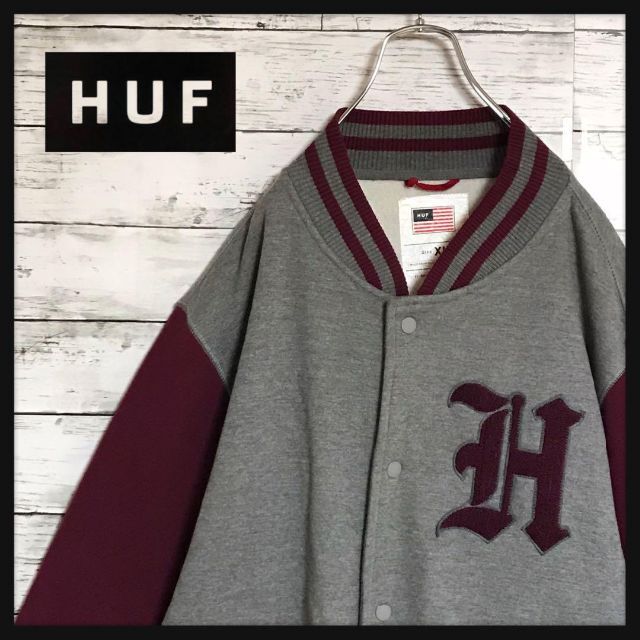 HUF - 【レア90s】ハフ☆ロゴ入りスタジャン 裏起毛 袖刺繍ロゴ 入手