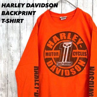 ハーレーダビッドソン(Harley Davidson)のアメリカ古着　ハーレーダビッドソン長袖バックプリントTシャツ　オレンジ　古着男女(Tシャツ/カットソー(七分/長袖))