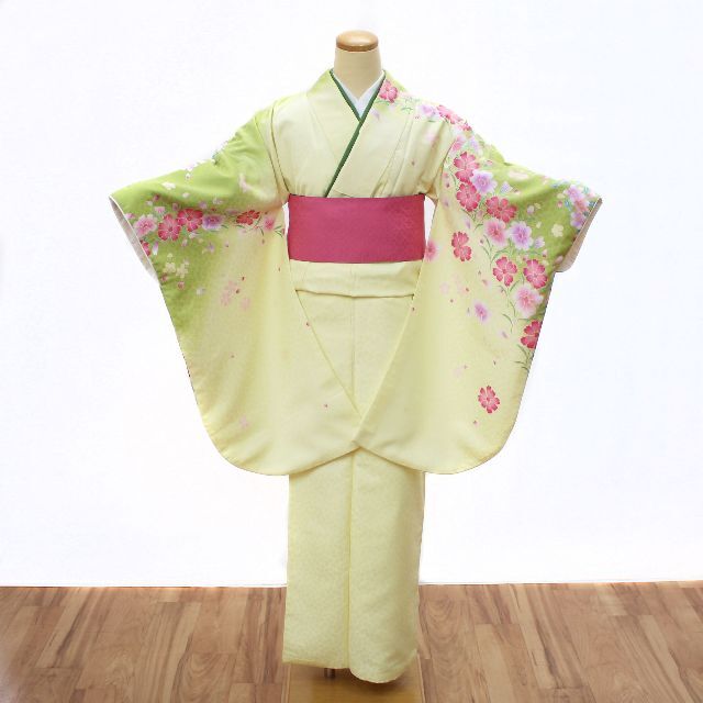 袴用着物 二尺袖 小振り袖 卒業式 ロング丈 黄 黄緑 洗える 花 ジュニア着物