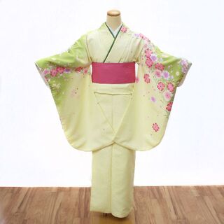 袴用着物 二尺袖 小振り袖 卒業式 ロング丈 黄 黄緑 洗える 花 ジュニア着物(着物)