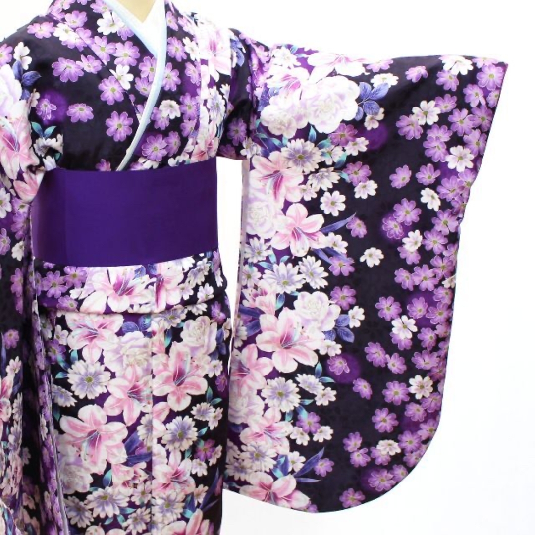袴用着物 二尺袖 小振り袖 卒業式 ロング丈 紫 洗える 花 百合 ジュニア着物