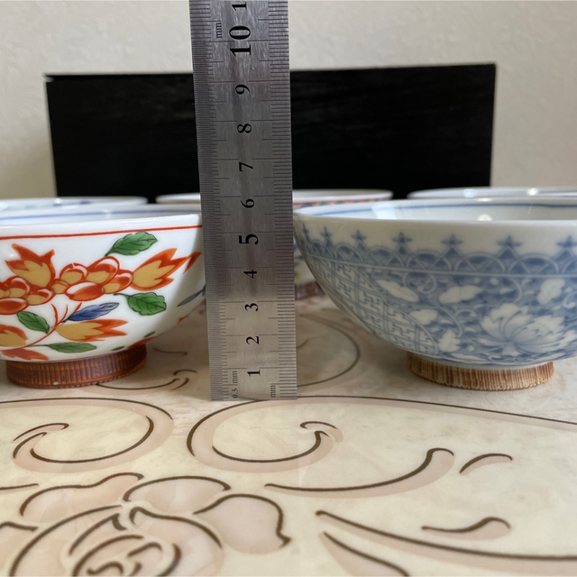 前畑陶器 庫山窯 絵変わり飯茶碗揃 5客 赤絵 染付山水 古伊万里 唐草 ...