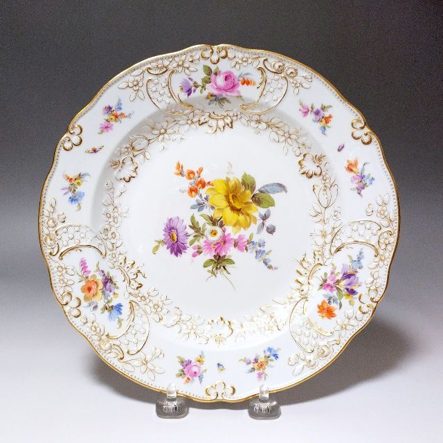 人気ブラドン MEISSEN ディナープレート 金彩マルセイユ花絵 1880-90年