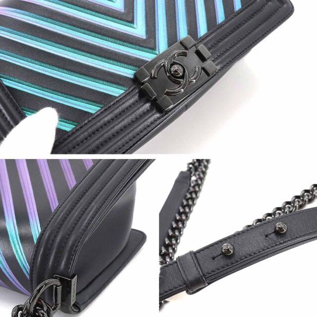 新品同様 シャネル CHANEL ボーイシャネル シェブロン Vステッチ チェーン ショルダー バッグ レザー ブラック 虹色 A67086 VLP 90181996