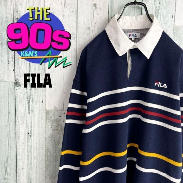 90's FILA フィラ ロゴ刺繍 ボーダー ラガーシャツ ポロシャツ