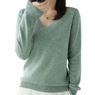 Vネックセーター XLサイズ グリーン 無地 レディース プルオーバー 薄手(ニット/セーター)