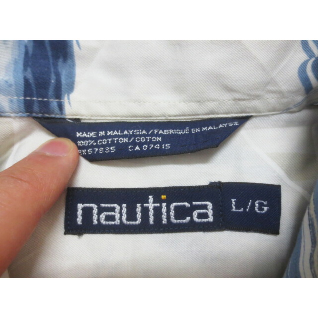 NAUTICA(ノーティカ)のノーティカ/NAUTICA ボタンダウン シャツ 半袖 ヨット・エンブレム 総柄 サイズ：L ベージュ系×ネイビー古着 【中古】 メンズのトップス(シャツ)の商品写真