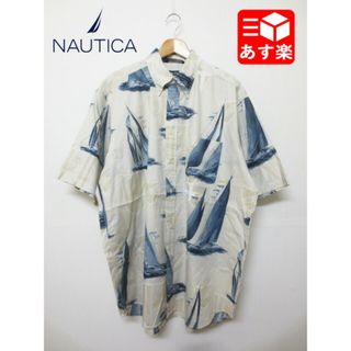 ノーティカ(NAUTICA)のノーティカ/NAUTICA ボタンダウン シャツ 半袖 ヨット・エンブレム 総柄 サイズ：L ベージュ系×ネイビー古着 【中古】(シャツ)