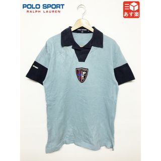 ラルフローレン(Ralph Lauren)のポロ スポーツ ラルフローレン/POLO SPORT RALPH LAUREN 開襟 鹿の子 ポロシャツ 半袖 ワッペン付き　サイズ:M ライトブルー×ネイビー古着 【中古】(ポロシャツ)