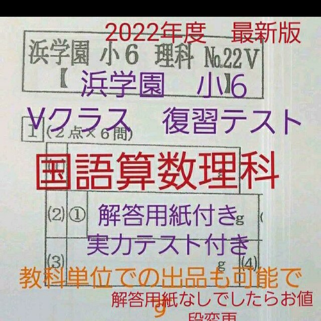 浜学園　小６　解答用紙付き　2022年度　Vクラス　復習テスト　国語算数理科