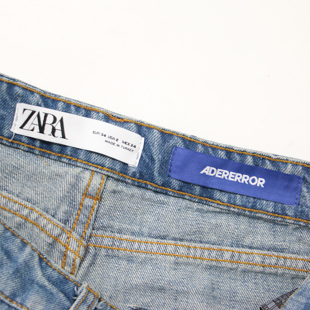 Adererror アーダーエラー ZARA ザラ デニム パンツ 22秋冬 ブルー 青 34 S ロング ワイド ダメージ カットオフ パッチワーク ステッチ 限定 コットン 綿 カジュアル 体型カバー 楽ちん ペイント【レディース】【美品】【K3644】 2