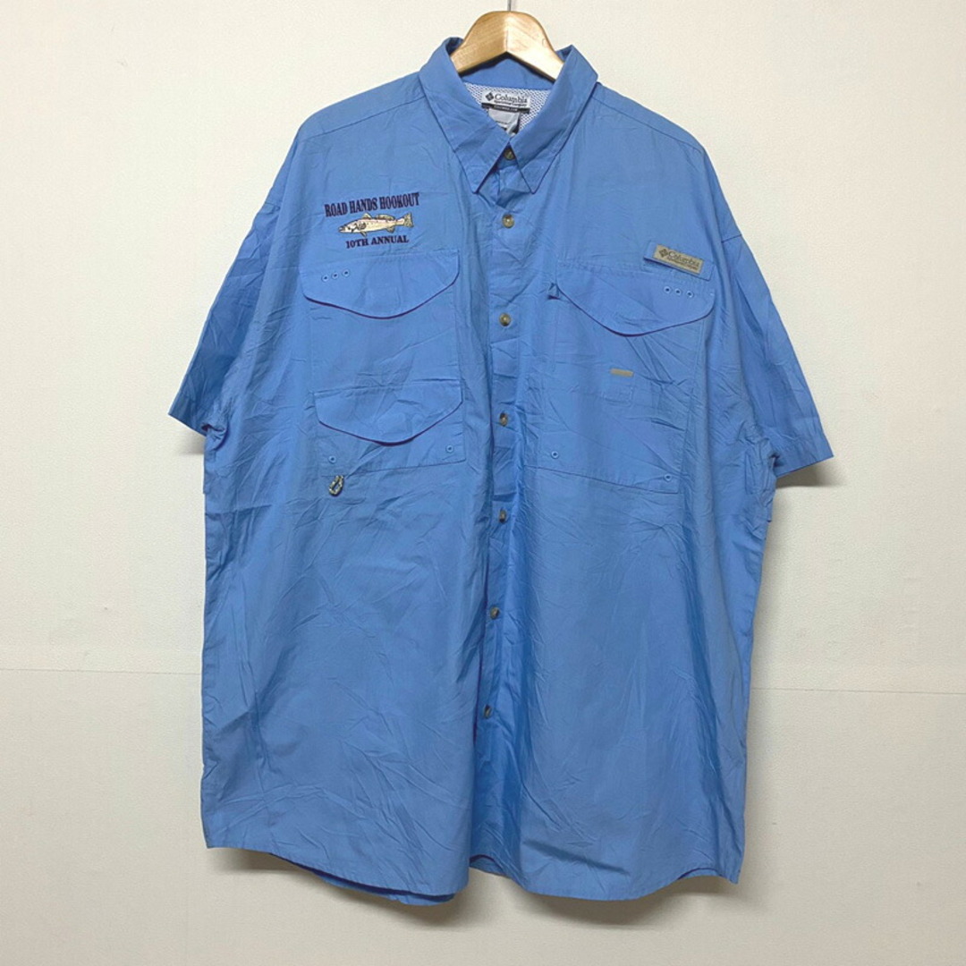 【Deadstock】コロンビア/Columbia PFG コットン シャツ 半袖 刺繍入り サイズ：XL ライトブルー【Performance Fishing Gear】