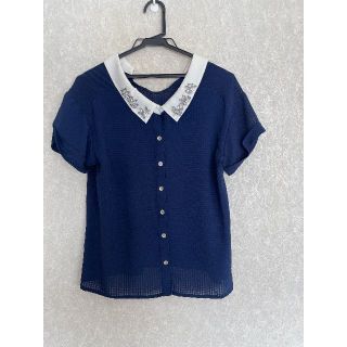 ページボーイ(PAGEBOY)のほぼ新品✨ページボーイ　シャツブラウス　ネイビー　ビジュー　透け感(シャツ/ブラウス(半袖/袖なし))