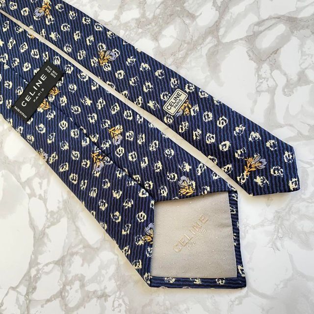 セリーヌ ネクタイ 花柄 バラ ネイビー ドット シルク スペイン製 美品