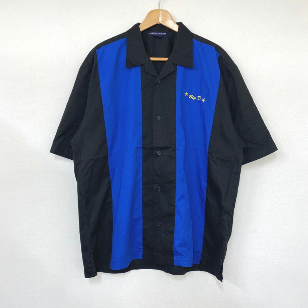 PORT AUTHORITY 半袖 開襟 ボウリングシャツ オープンカラー 刺繍 ツートーン サイズ：XL ブラック×ブルー