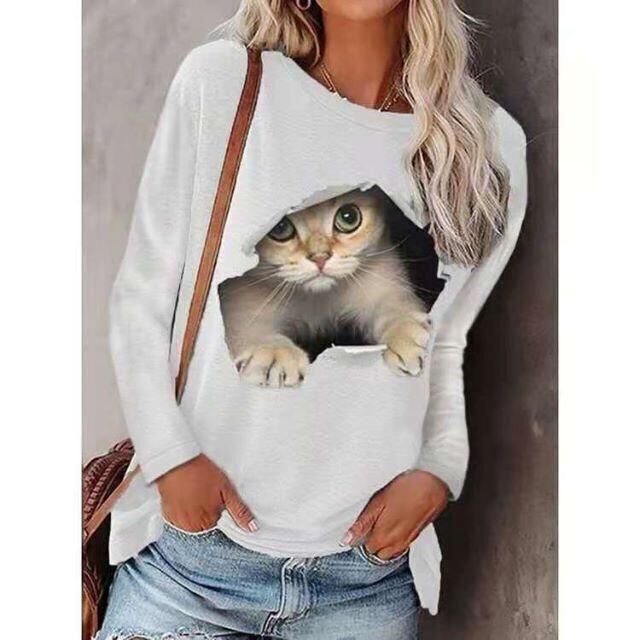 Tシャツ 飛び出る猫 長袖 キャット 猫シャツ CAT 3D かわいい ペット
