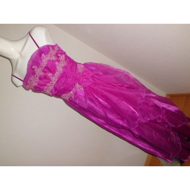 L　大きいサイズ 紫パープルXピンク　ロングドレス 　 ローズパーティードレス