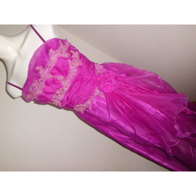 L　大きいサイズ 紫パープルXピンク　ロングドレス 　 ローズパーティードレス 2