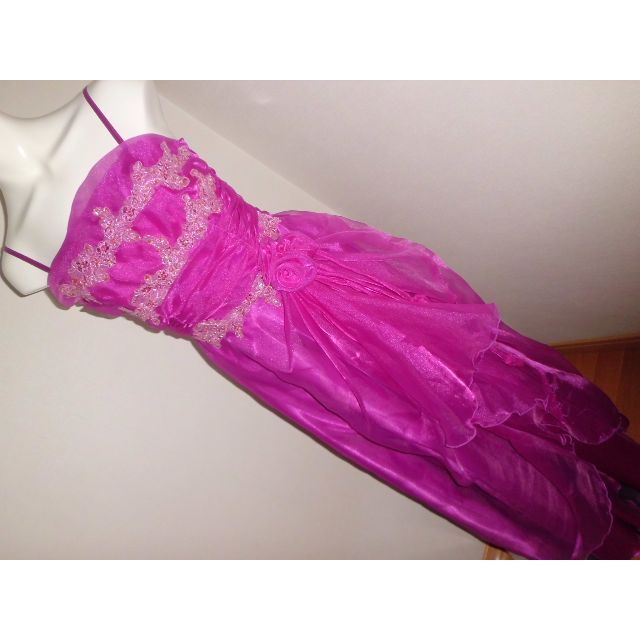 L　大きいサイズ 紫パープルXピンク　ロングドレス 　 ローズパーティードレス 3