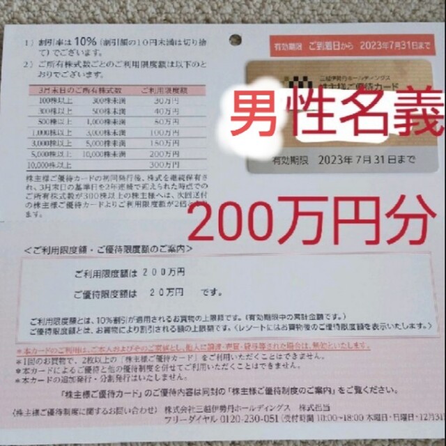 三越伊勢丹 株主優待 限度額200万優待券/割引券